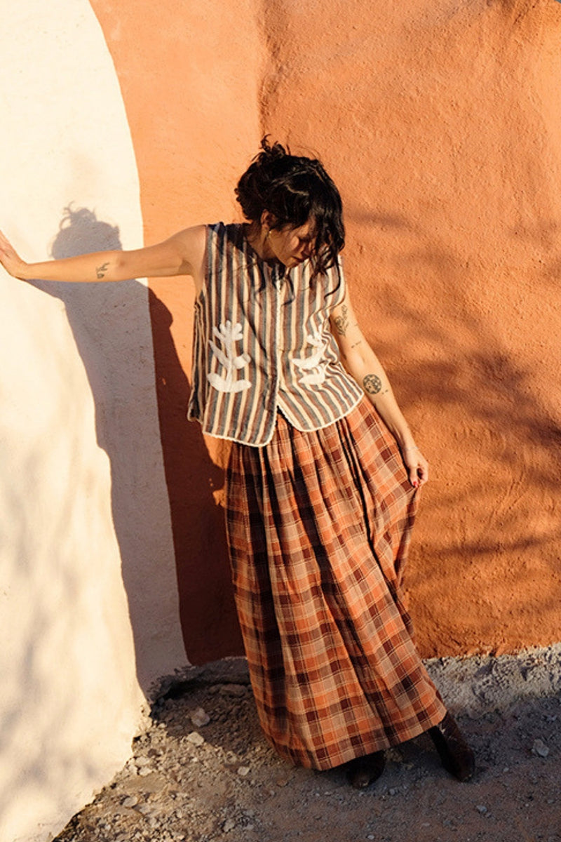 Classic Vest Rust Multi-Appliqué handwoven stripe cotton jacket/overlay by World of Crow in multi-color for women Worldwide
