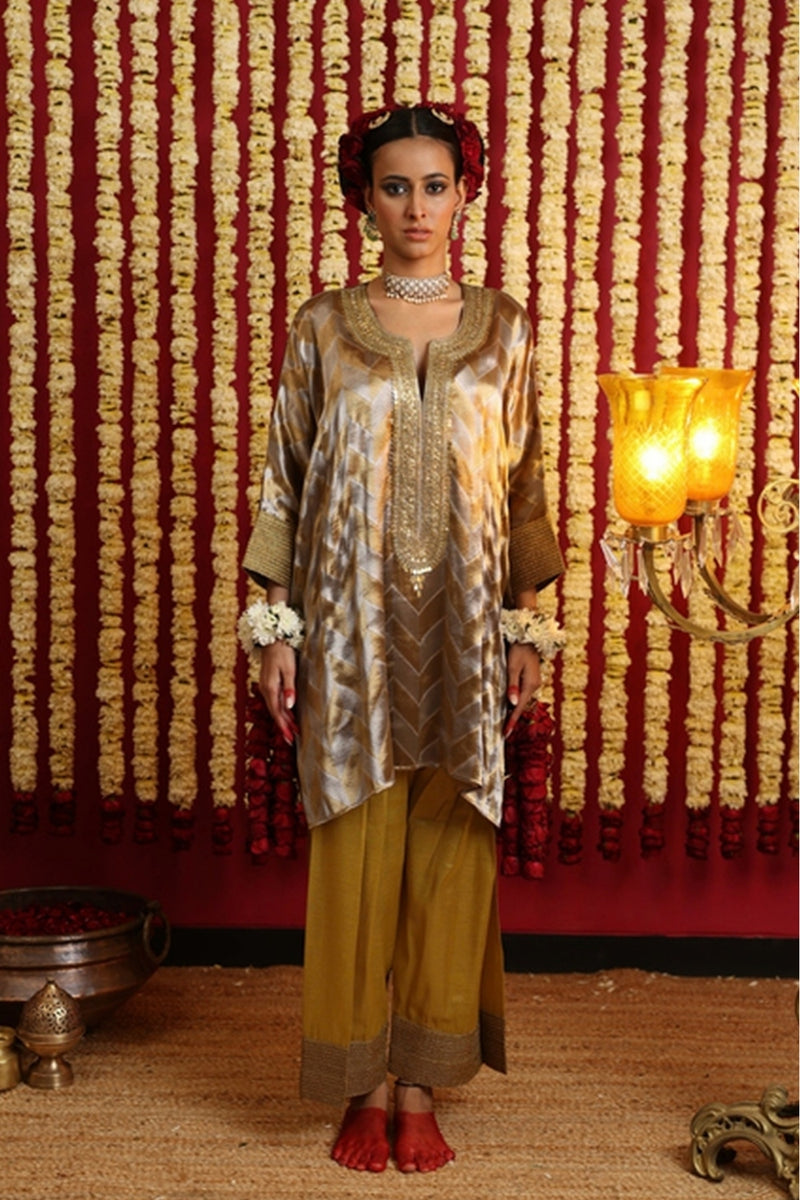 Chevron Tissue Tunic & Shalwar Set-Dusty Green tissue kurta/kurta set by Sabo by Sabina in green for women Worldwide