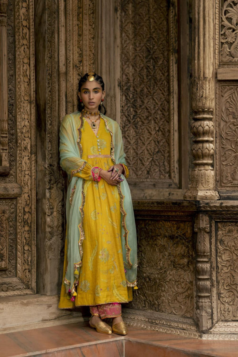 Fariba Lime Yellow Printed Back Yoke Kurta Set Kurta Sets by Rajiramniq for women Worldwide