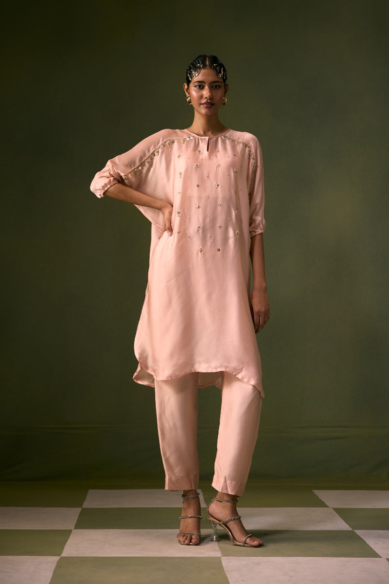 Acove Tea Rose Antifit Kurta Set vegan satin, organza satin kurta/kurta set by PRAHNAAYA in pink for women Worldwide