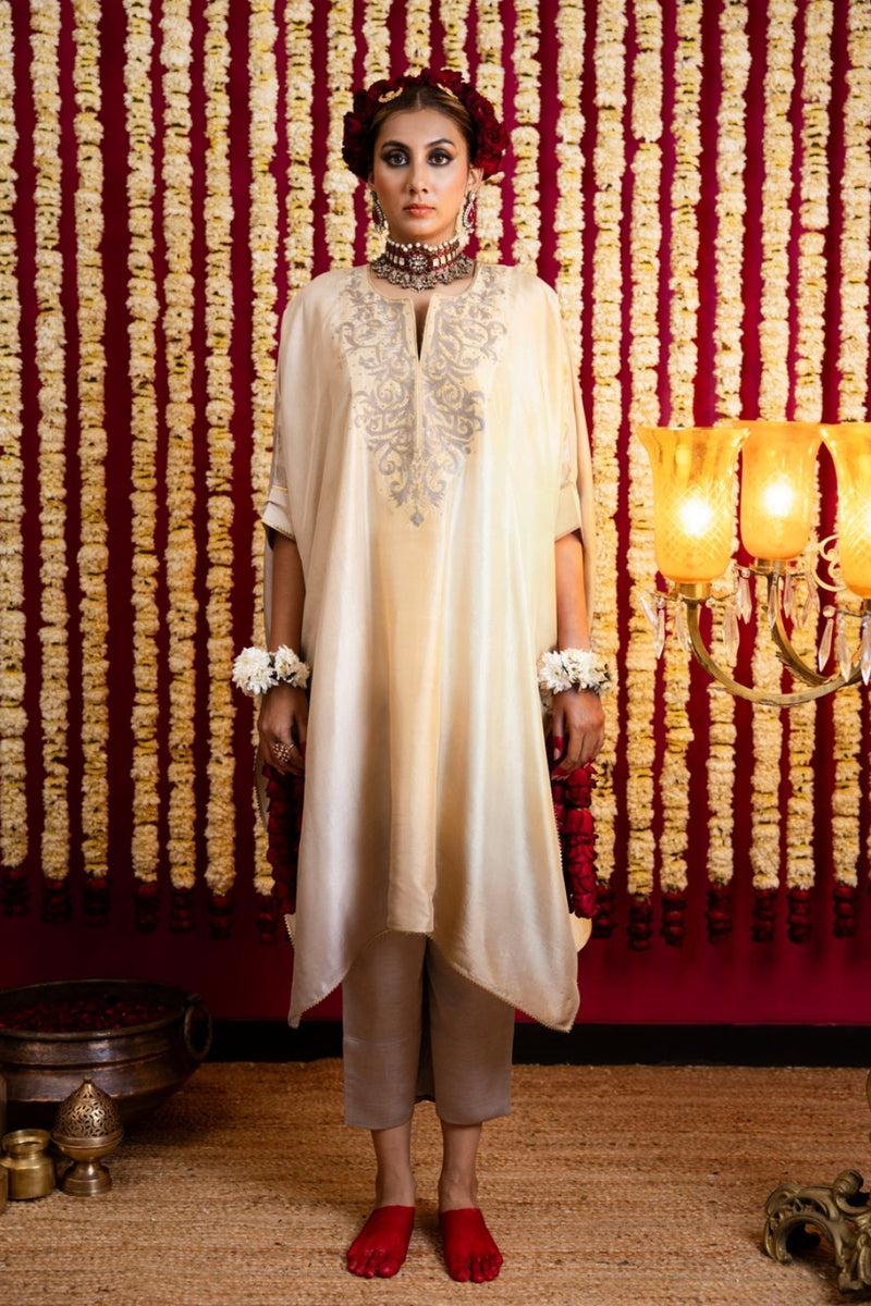3D Shaded Silk Pastel Tunic & Pant Set-Lemon silk kurta/kurta set by Sabo by Sabina in yellow for women Worldwide