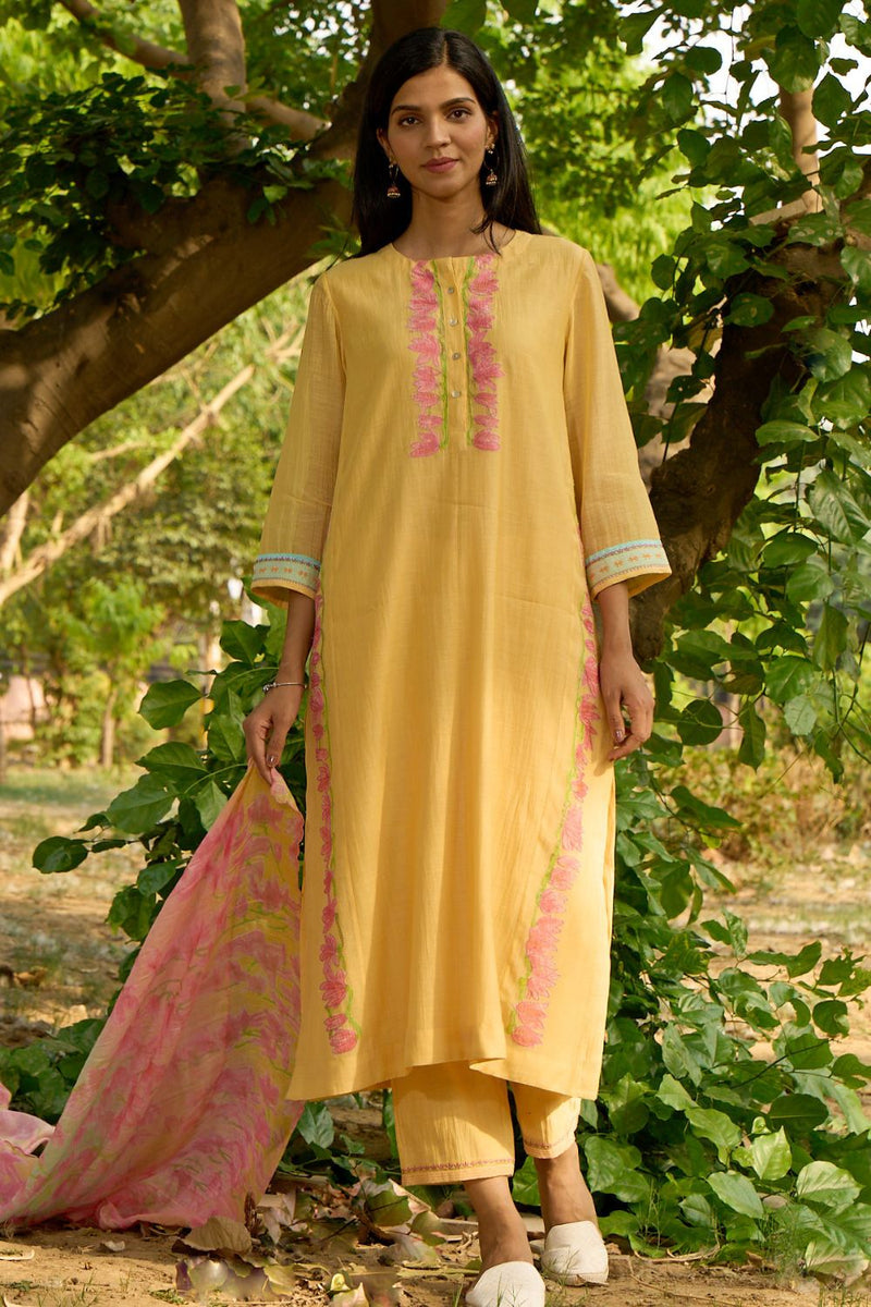 Bulbul Kurta Set-Yellow silk by Priti Prashant in yellow color for women Worldwide