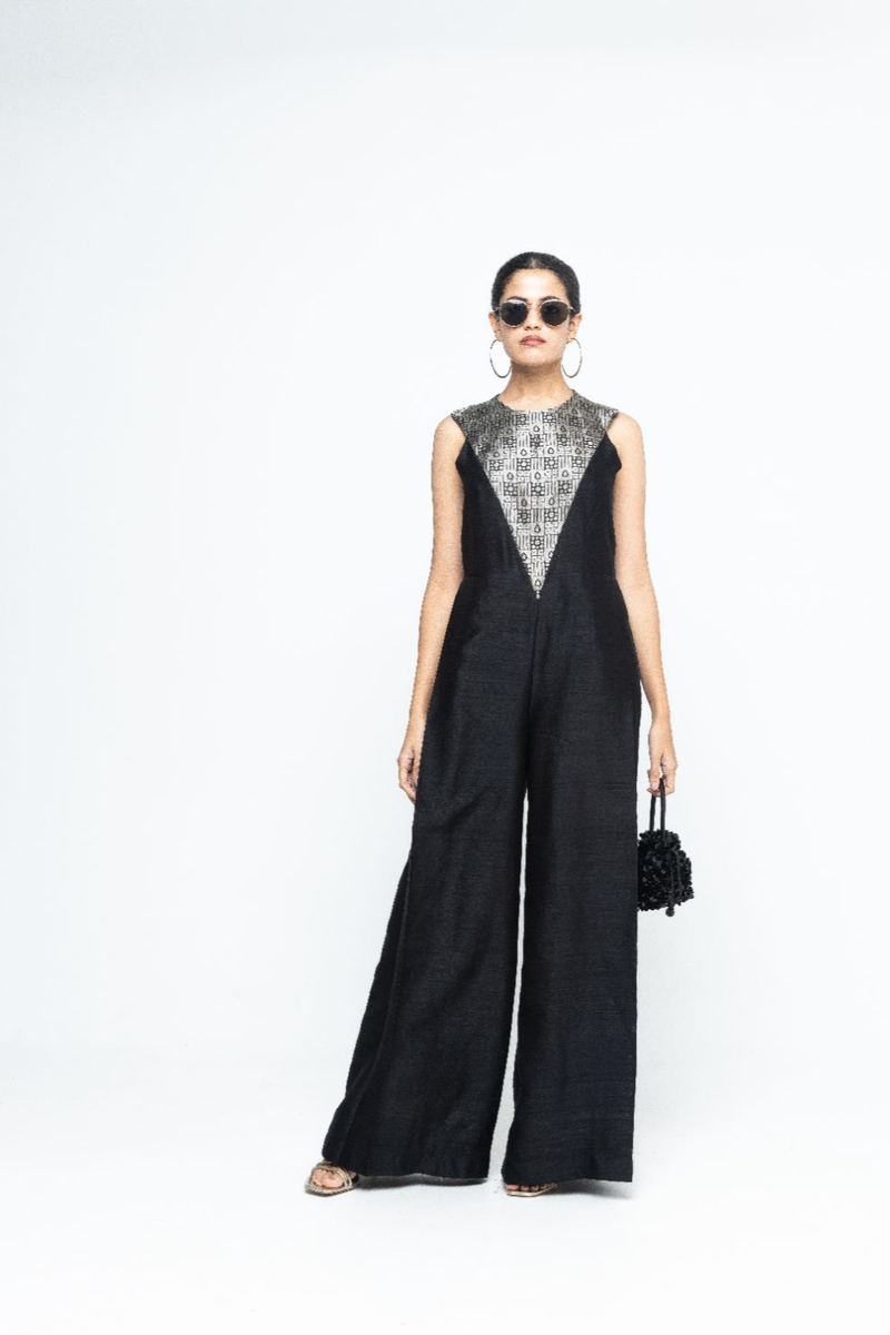 Reha - Statement Jumpsuit - Black satin by SOBARIKO in black color for women Worldwide