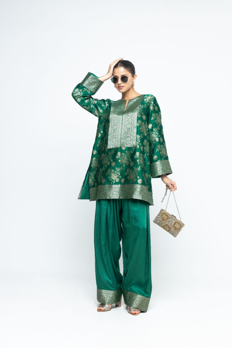 Gul - Floral Brocade kurta with Farshi Salwar - Green satin by SOBARIKO in green color for women Worldwide