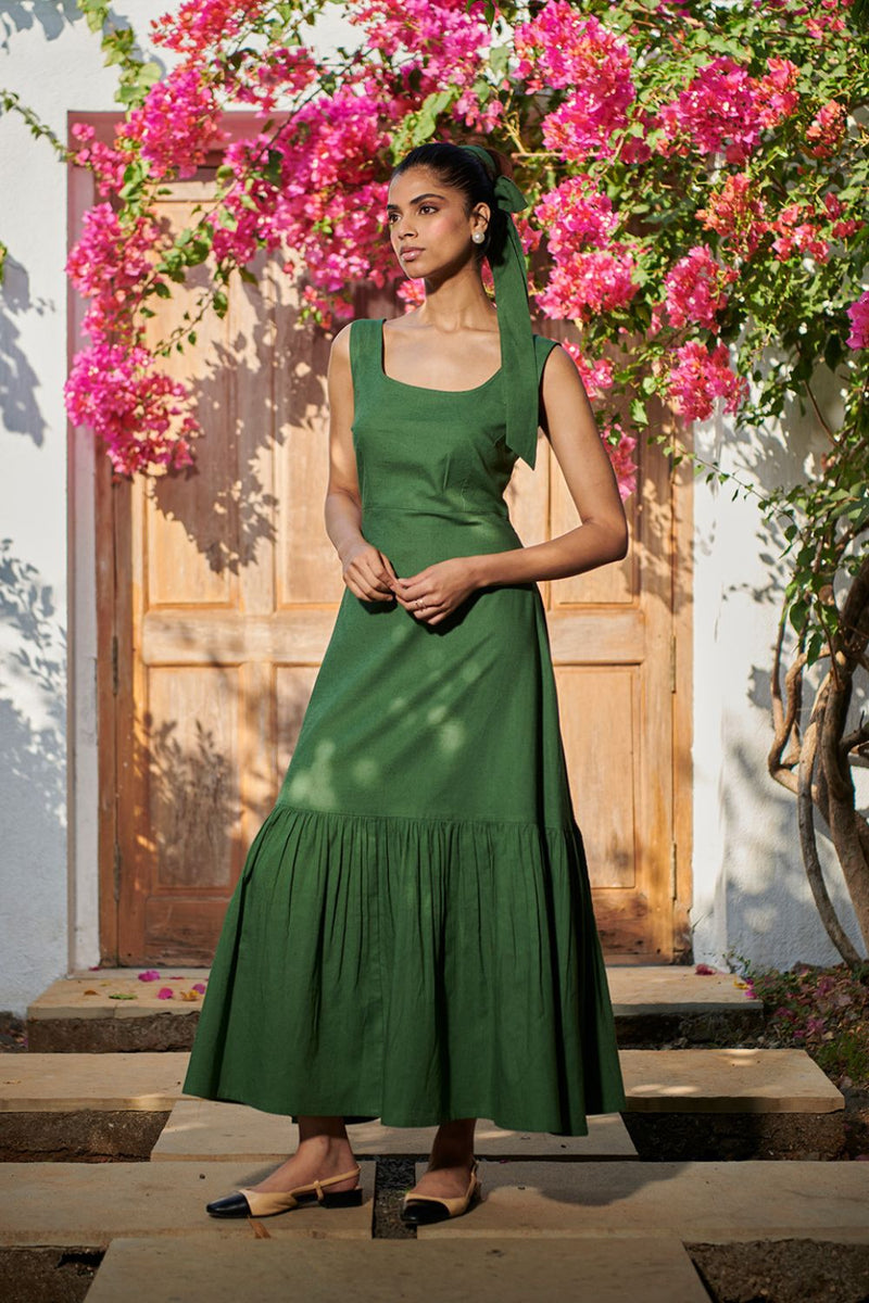 Thyme Co-Linen Sleeveless Tiered Dress linen by Saphed for women Worldwide