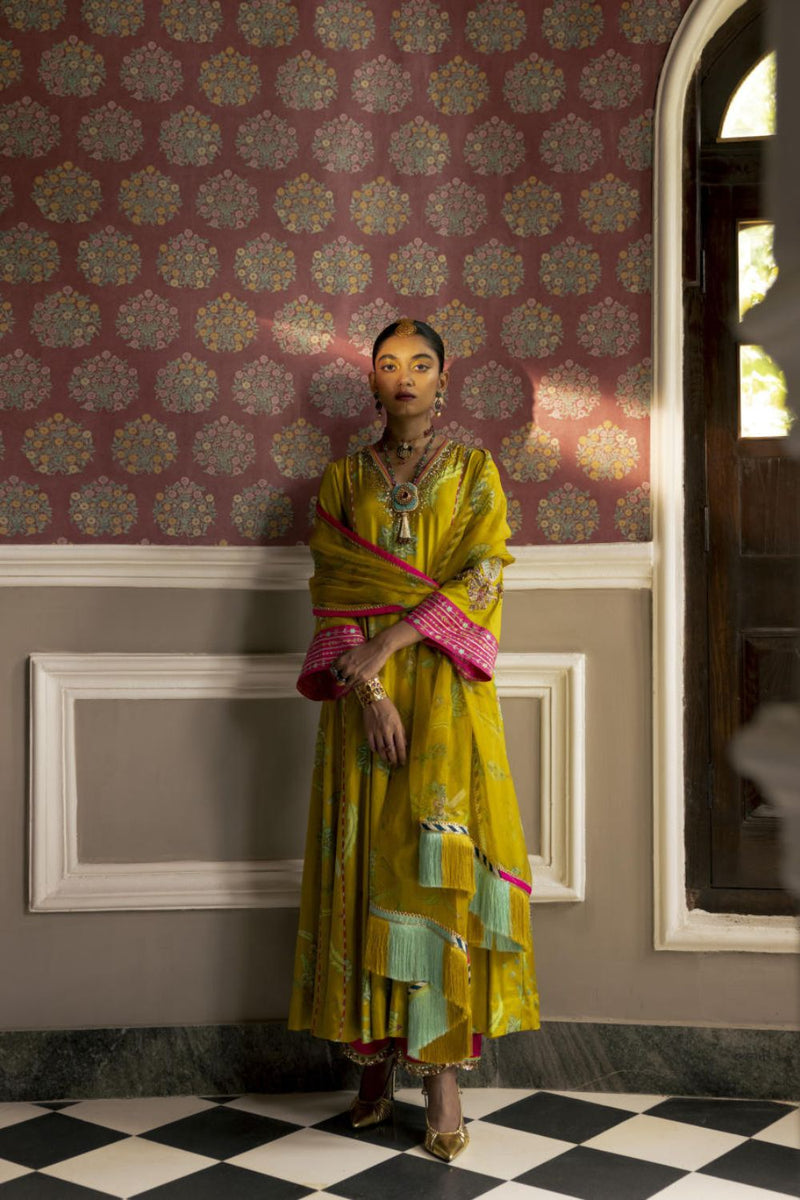 Fariba Lime Yellow Printed Side Kali Kurta Set Kurta Sets by Rajiramniq for women Worldwide