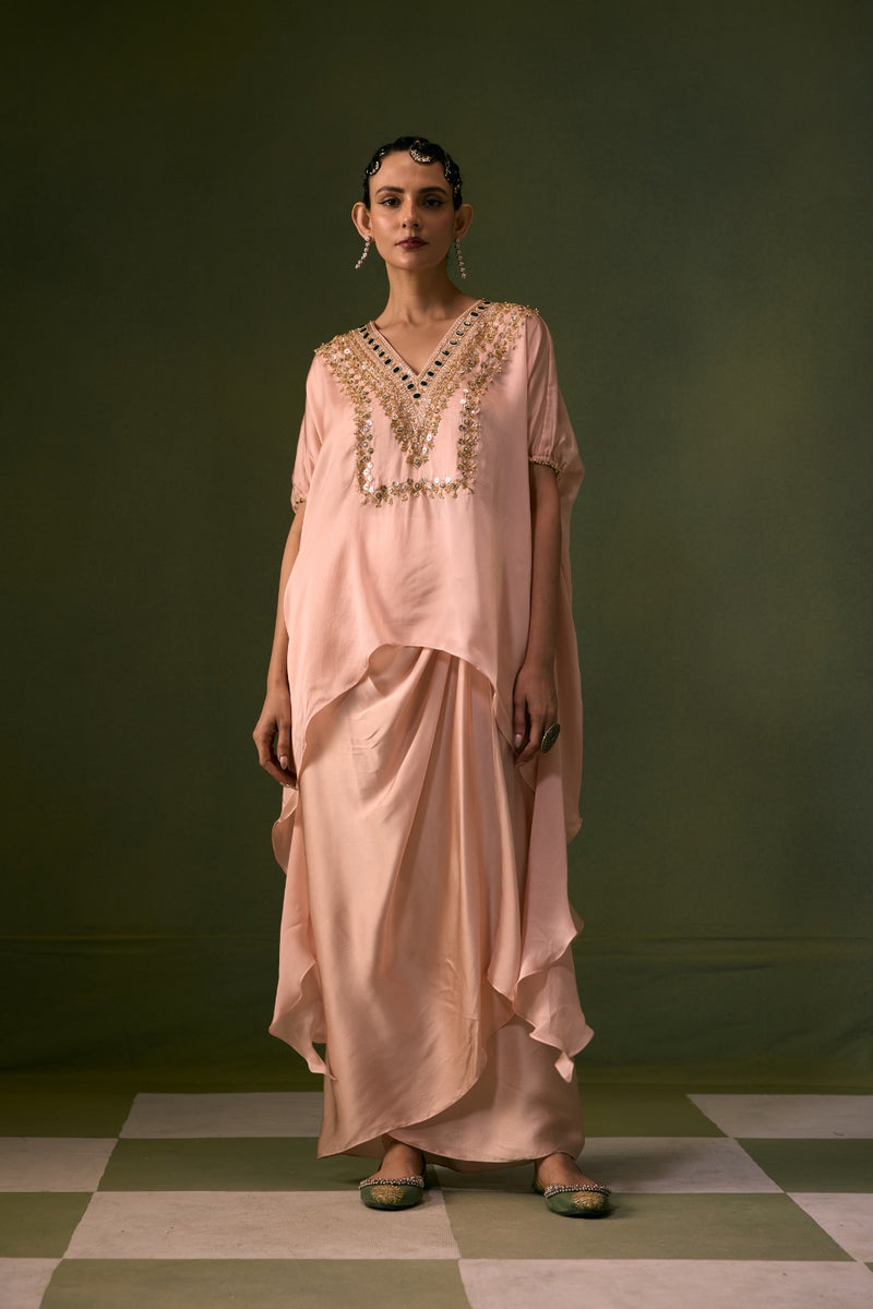 Tea Rose Antifit Asymmetric Top with Wrap Skirt vegan satin, organza satin indo-western by PRAHNAAYA in pink for women Worldwide