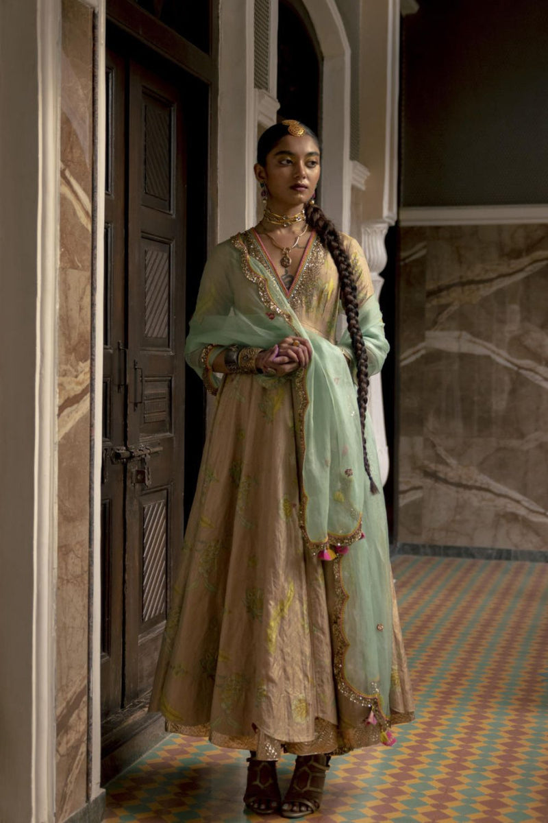 Fariba Nude Pink Printed Tissue Anarkali Set Kurta Sets by Rajiramniq for women Worldwide