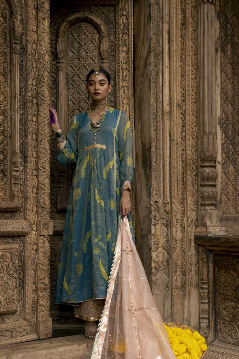 Fariba Moonlight Blue Printed Back Yoke Kurta Set Kurta Sets by Rajiramniq for women Worldwide