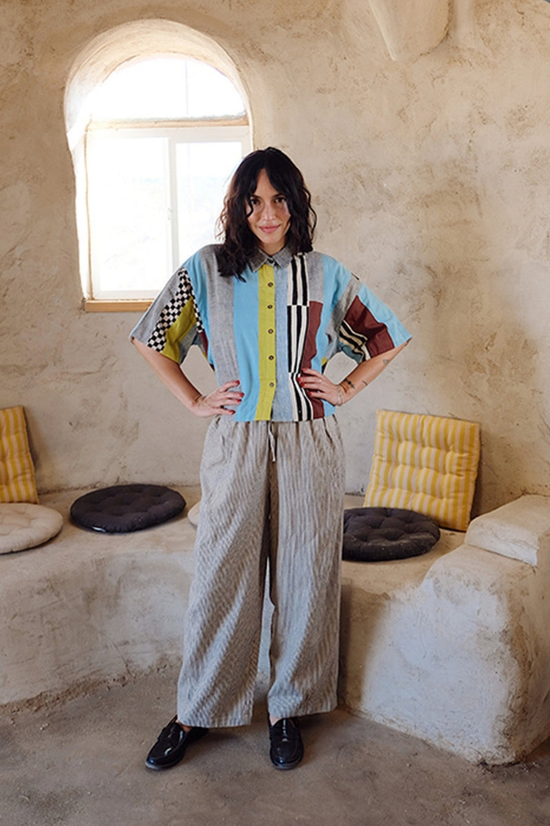 Fillmore Shirt-Light Blue Stripes 100% cotton and hand block printed cotton top/shirt by World of Crow in multi-color for women Worldwide