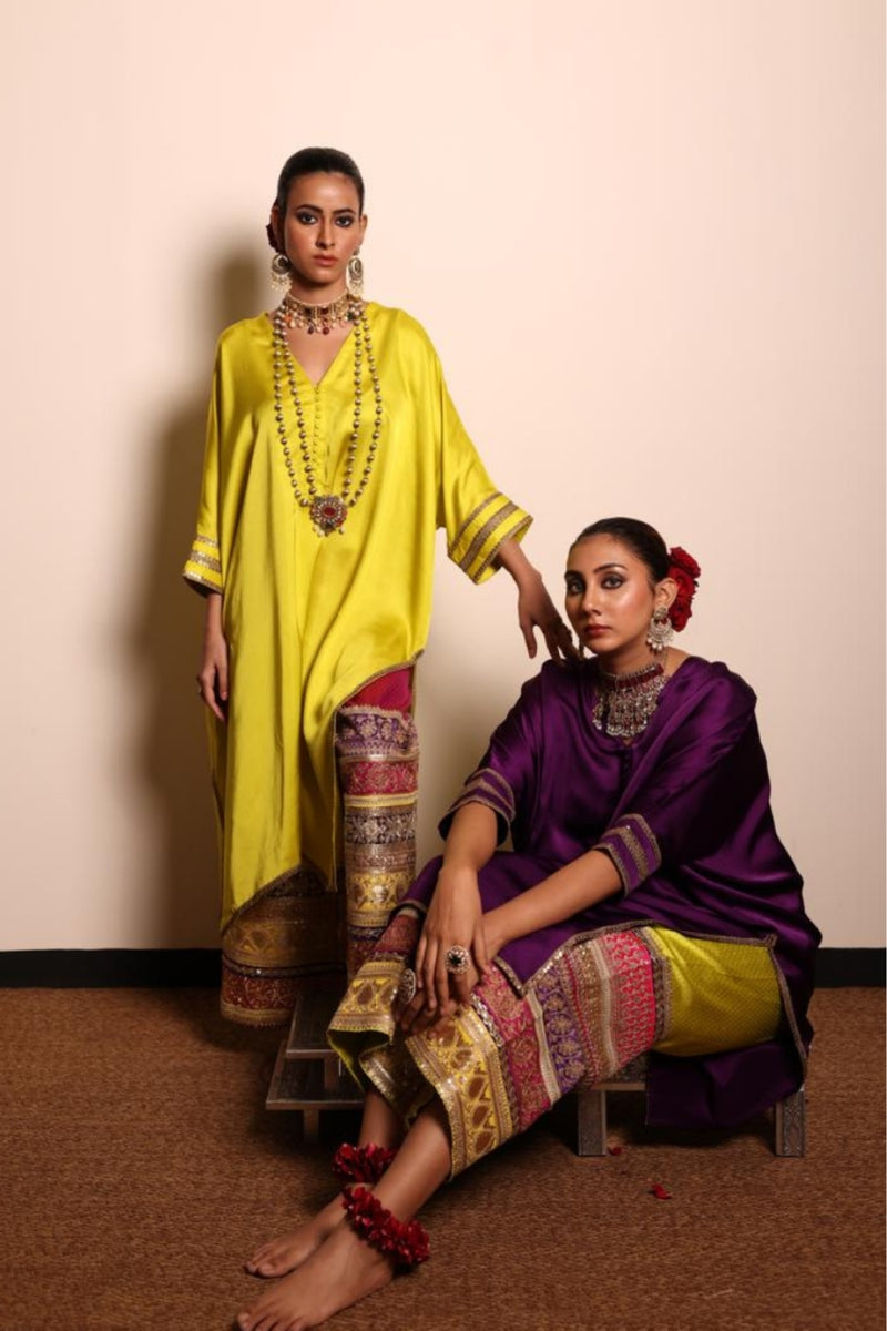 Multi Border Izhaar-Lime Tunic/ Pink Farshi