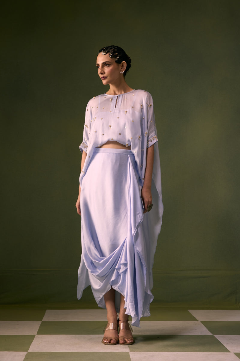 Nexa Ice Blue Antifit Top with Wrap Skirt vegan satin, organza satin indo-western by PRAHNAAYA in sky for women Worldwide