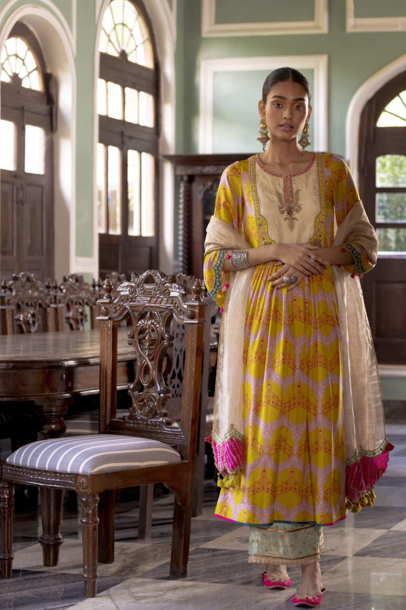 Fariba Lime Yellow Ivory Yoke Kurta Set Kurta Sets by Rajiramniq for women Worldwide