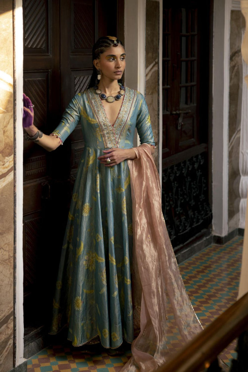 Fariba Moonlight Printed Tissue Anarkali Set Kurta Sets by Rajiramniq for women Worldwide