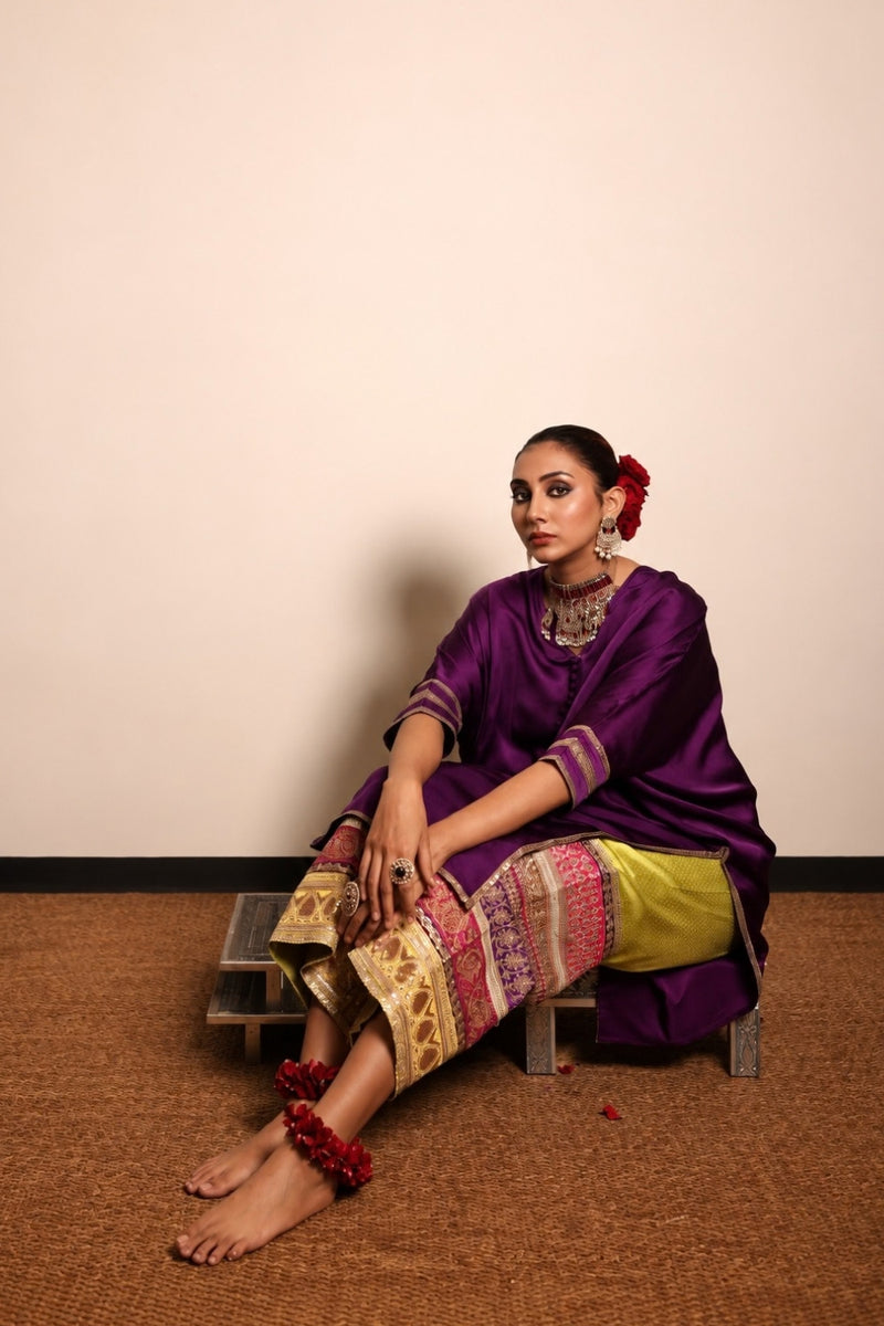 Multi Border Izhaar-Aubergine Tunic/ Lime Farshi