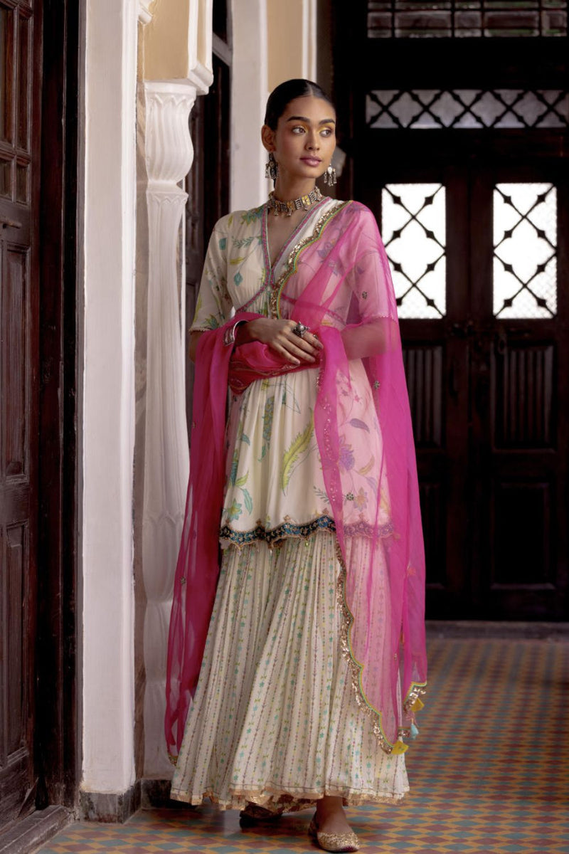 Fariba Ivory Printed Scallop Gharara Set Kurta Sets by Rajiramniq for women Worldwide