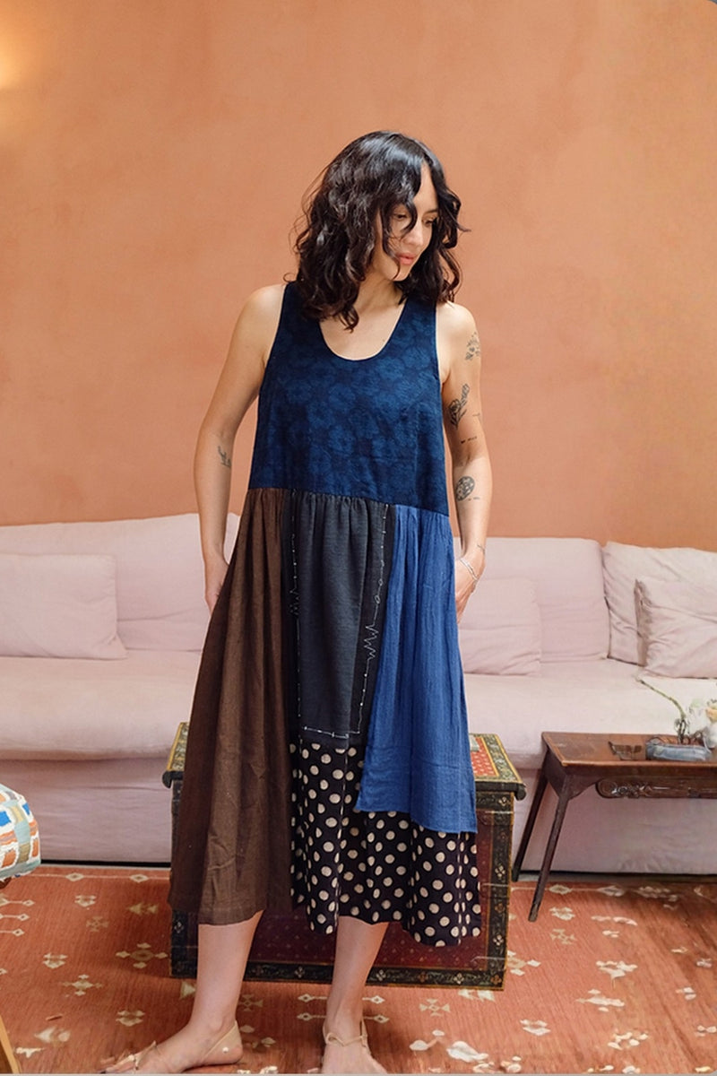 The Joan Dress-Dawn hand block printed &amp; hand-woven organic fabric dress by World of Crow in multi-color for women Worldwide