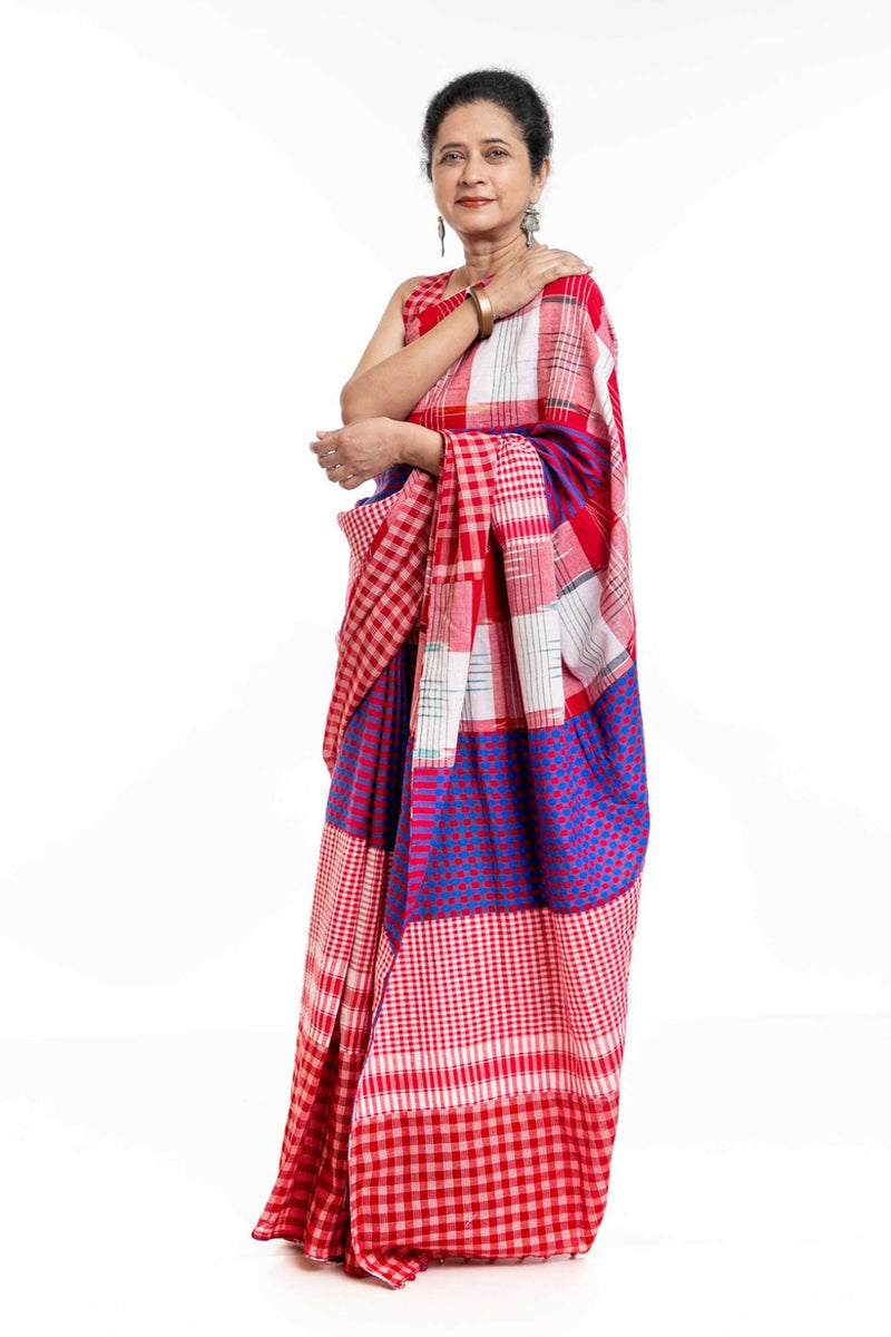 Fallen Hibiscus Saree gamcha saree by 145 East in white, red, purple for women Worldwide