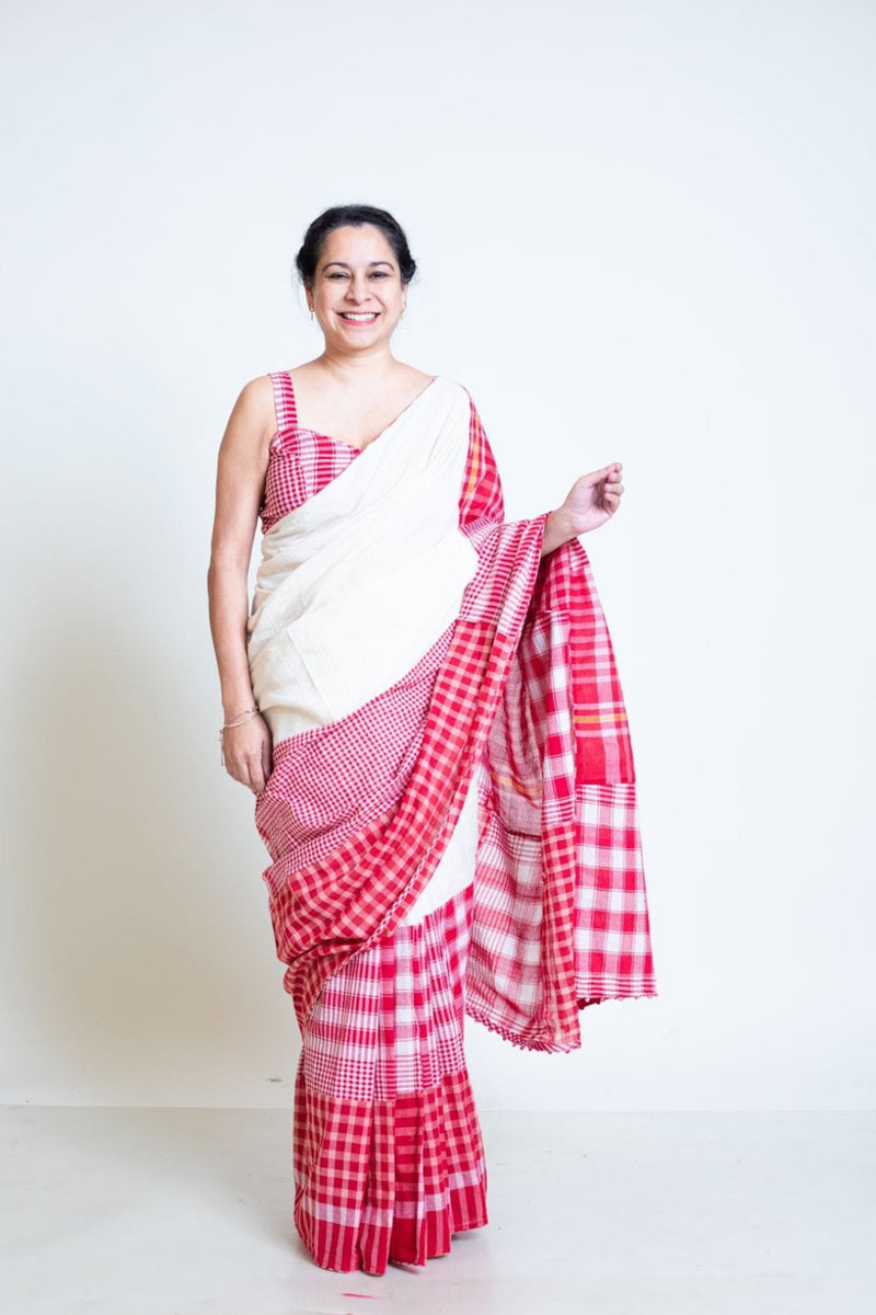 The Festive Fiesta Saree cotton,gamcha saree by 145 East in white, red for women Worldwide