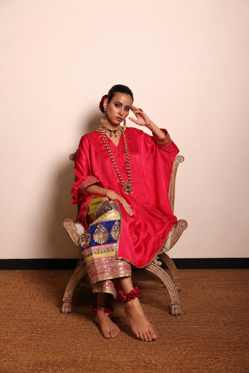 Multi Border Izhaar-Coral Tunic/ Lime Farshi