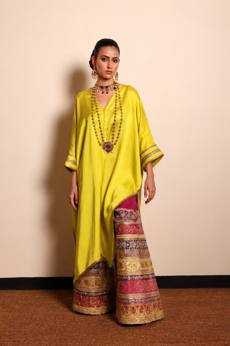 Multi Border Izhaar-Lime Tunic/ Pink Farshi satin kurta/kurta set by Sabo by Sabina in lime, pink for women Worldwide