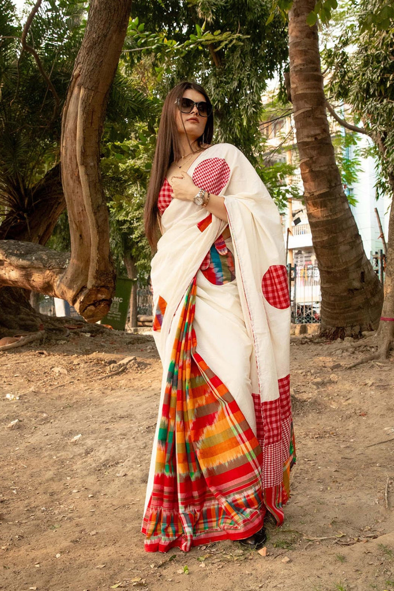 Dotted Fiesta Saree cotton,gamcha saree by 145 East in white, red, multicolour for women Worldwide