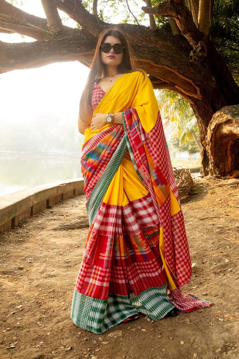 The Sunflower Saree cotton,gamcha saree by 145 East in yellow, red, multicolour for women Worldwide