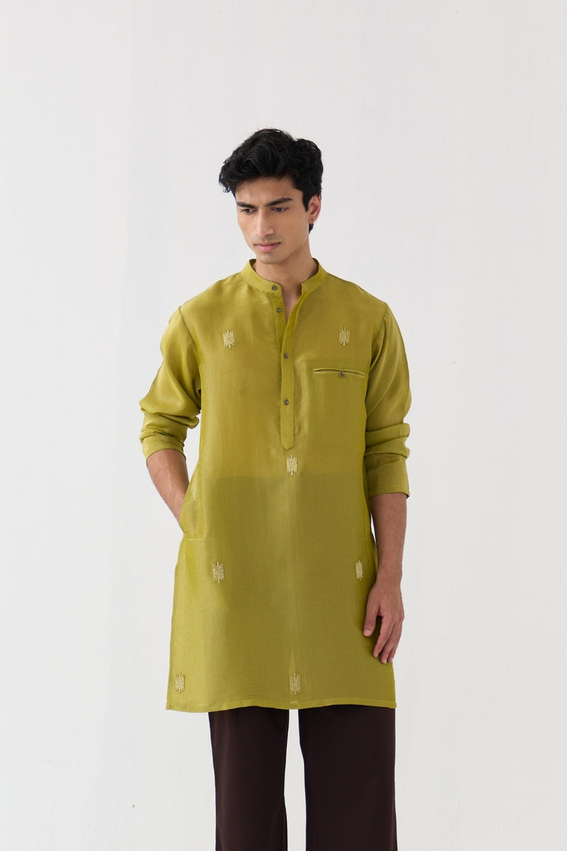 Hand Emb. Detail Kurta tissue kurta/kurta set by THREE Men in yellow for men Worldwide