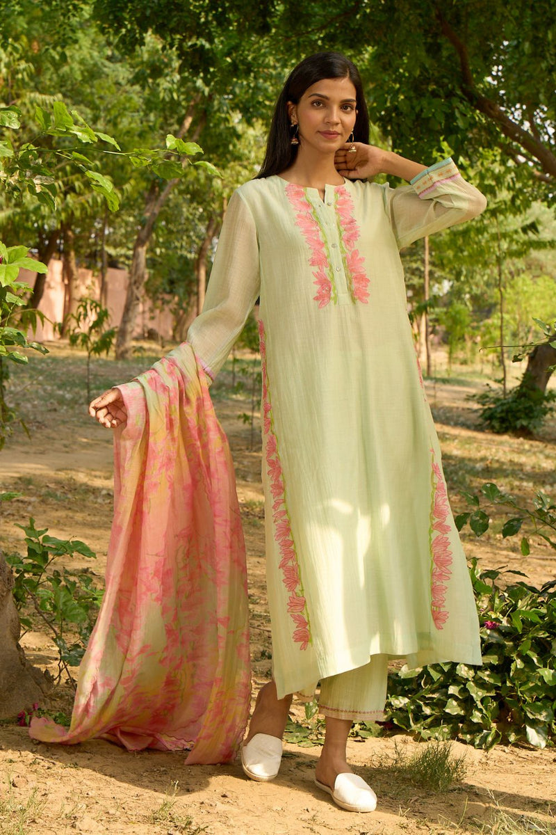 Bulbul Kurta Set-Light Green silk by Priti Prashant in green color for women Worldwide