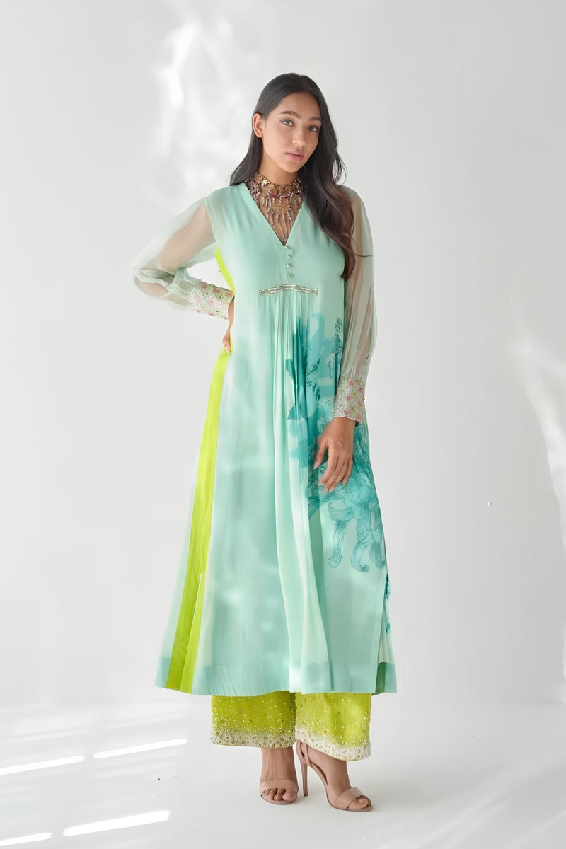 SEA GREEN SIDE FLOWER KURTA SET