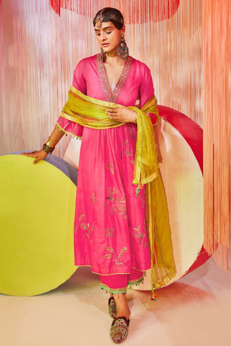 HOT PINK JAAL SILK KURTA SET Kurta Sets by Rajiramniq for women Worldwide