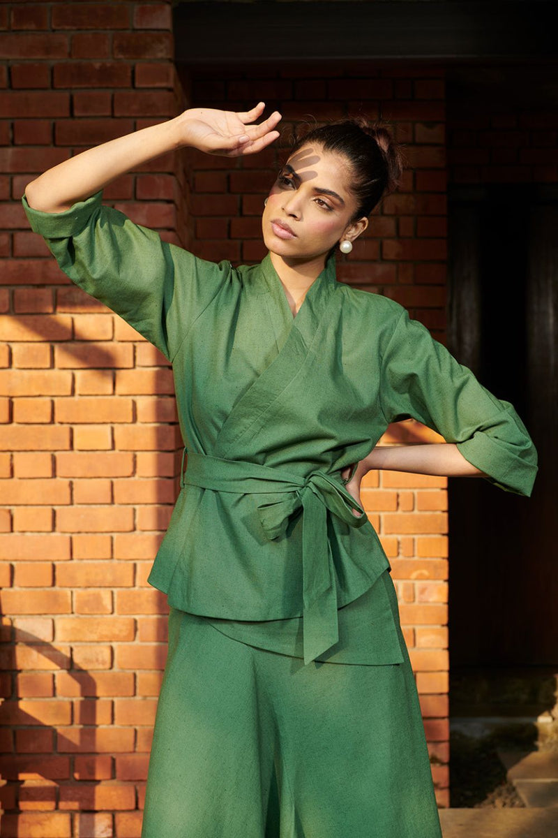 Thyme Co-Linen Wrap Jacket linen by Saphed in green color for women Worldwide