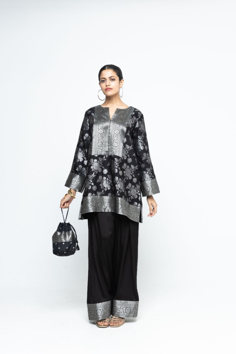 Gul - Floral Brocade kurta with Farshi Salwar - Black satin by SOBARIKO in black color for women Worldwide