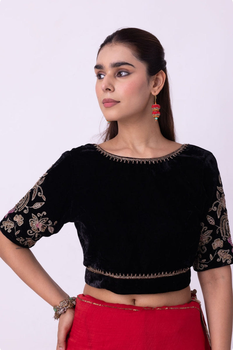 Inayat Blouse silk velvet blouse by Shades of India in black for women Worldwide