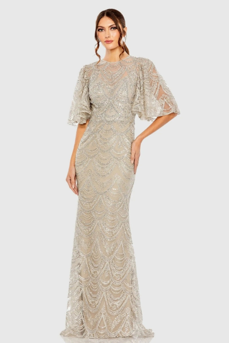 20481-Beige and Silver Flutter Sleeve High Neck Gown polyester evening gowns by Mac Duggal in beige for women Worldwide