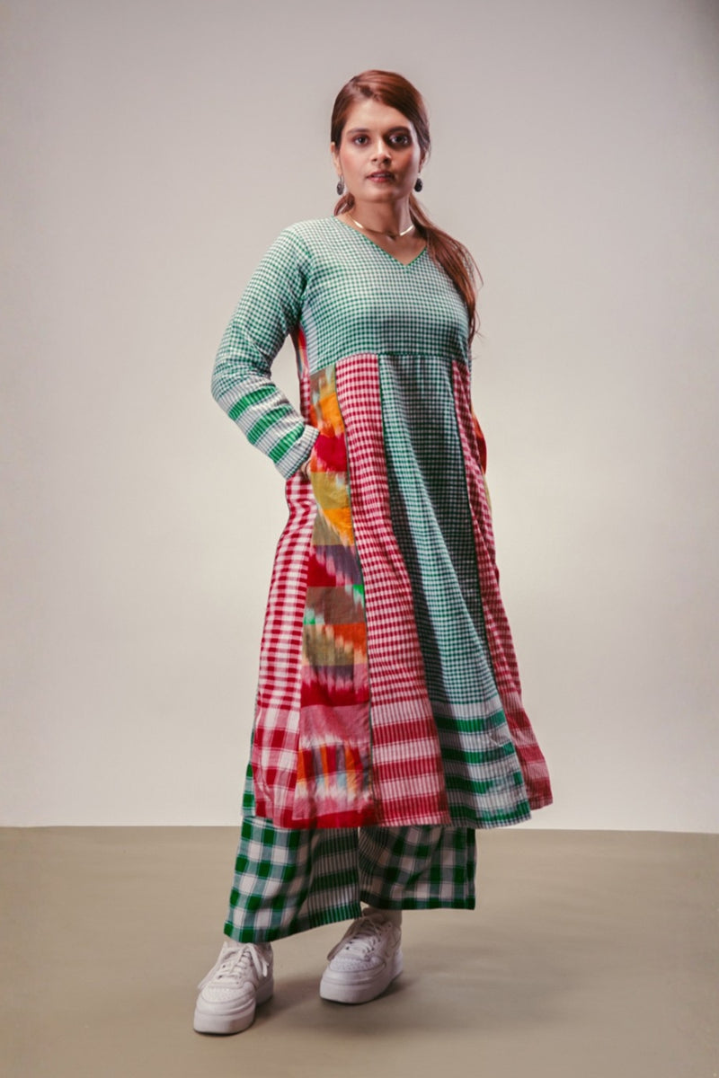Aura Dress + Palazzo Set gamcha co-ord set by 145 East in green, red, multicolour for women Worldwide