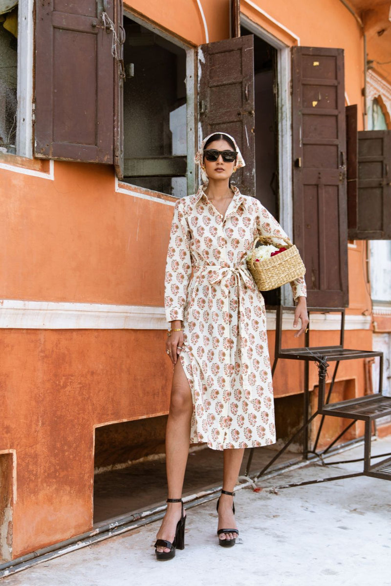 Peach Mamacita Dress - Printed Cotton Midi Shirt Dress cotton Dress by Marche in white color for women Worldwide