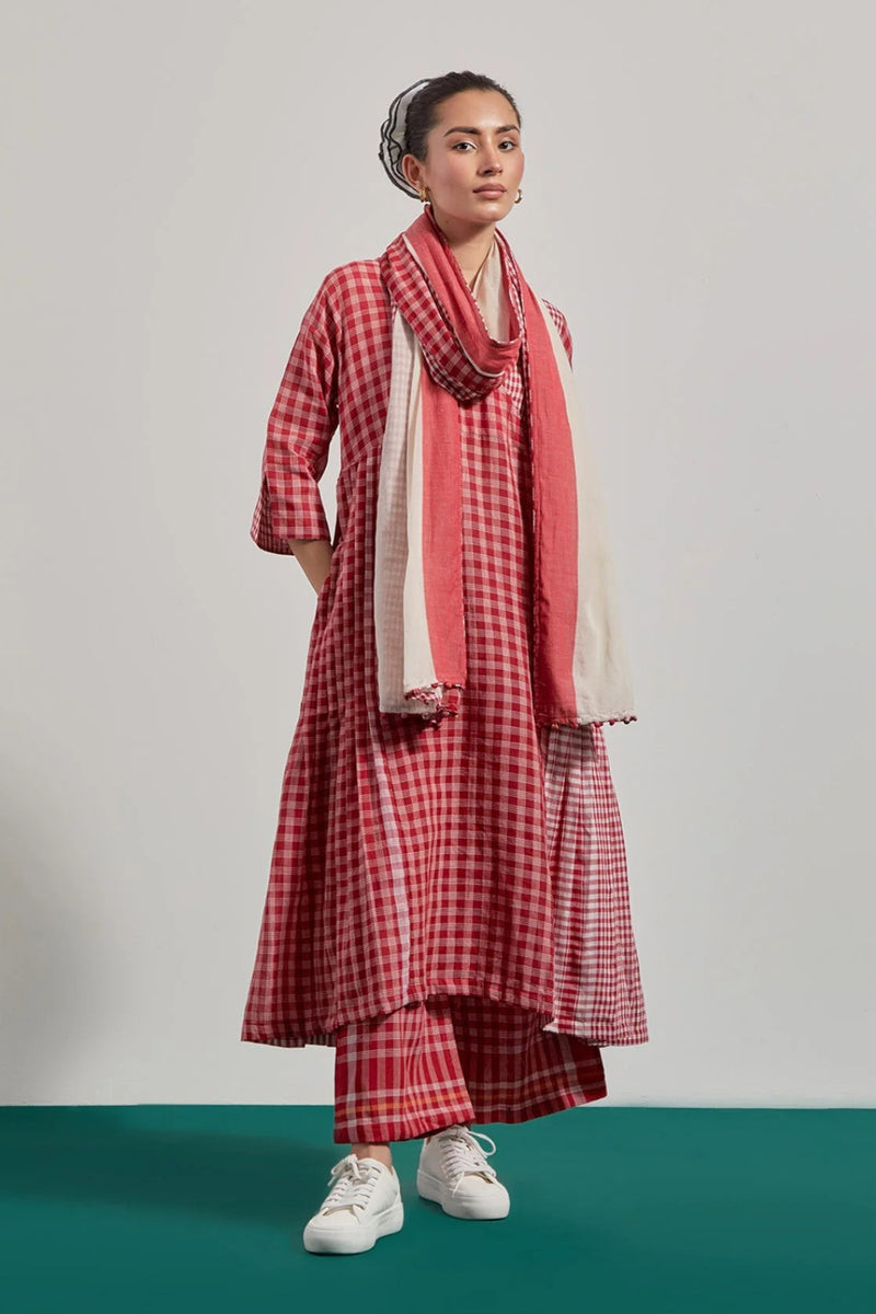Red Overlap Pleated Set gamcha co-ord set by 145 East in red for women Worldwide