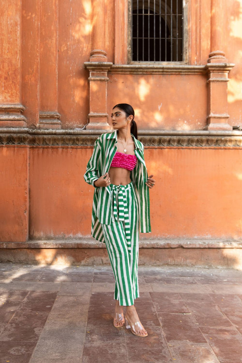 Envy In Green Stripes Co-Ord Set - Striped Cotton Co-Ord Set cotton Co-ord Set by Marche in green color for women Worldwide