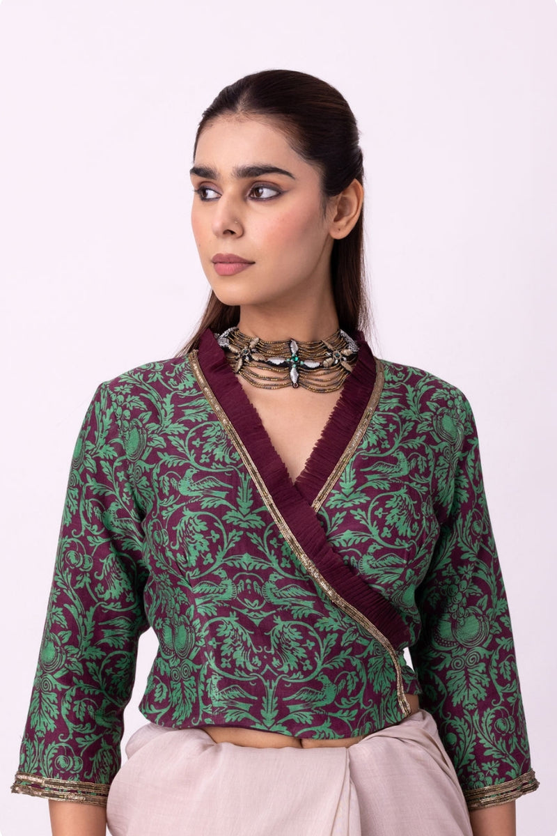 Syaahi Blouse silk blouse by Shades of India in wine-green for women Worldwide
