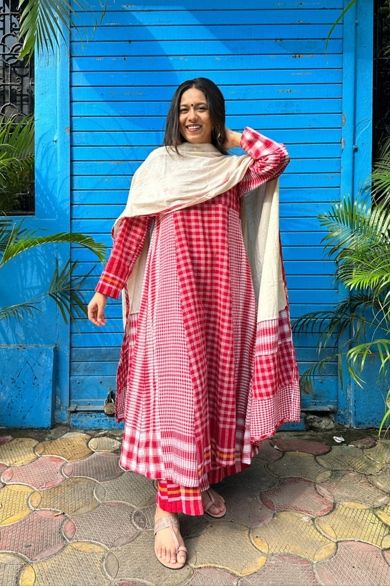 Side Panelled Red Dress + Palazzo + Dupatta (Set of 3) gamcha kurta/kurta set by 145 East in red, white for women Worldwide