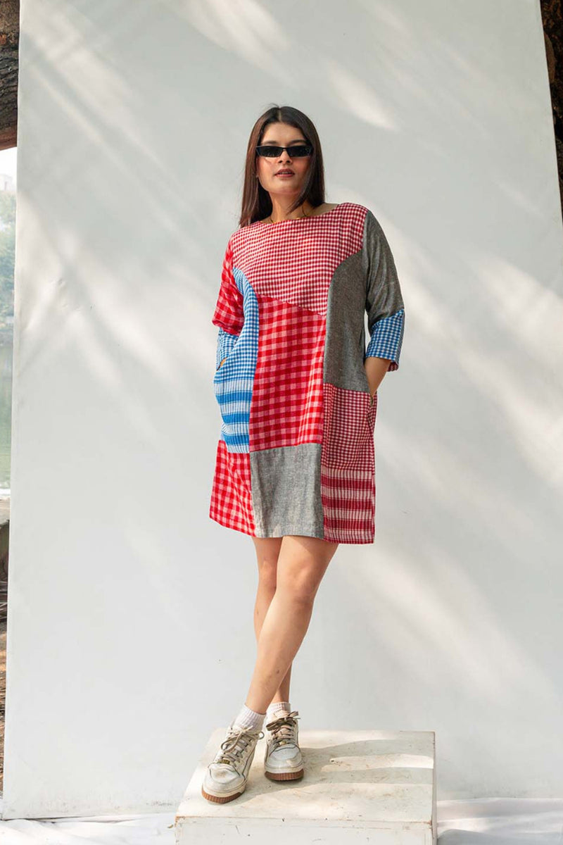 Colourblock Gamcha Dress gamcha dress by 145 East in red, blue for women Worldwide