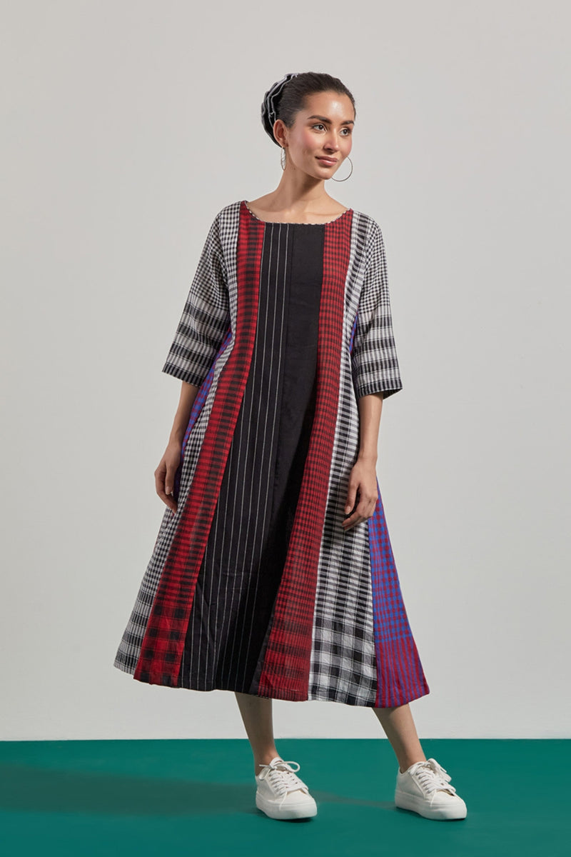 Ruella 16 Panelled Dress gamcha dress by 145 East in black ,maroon for women Worldwide