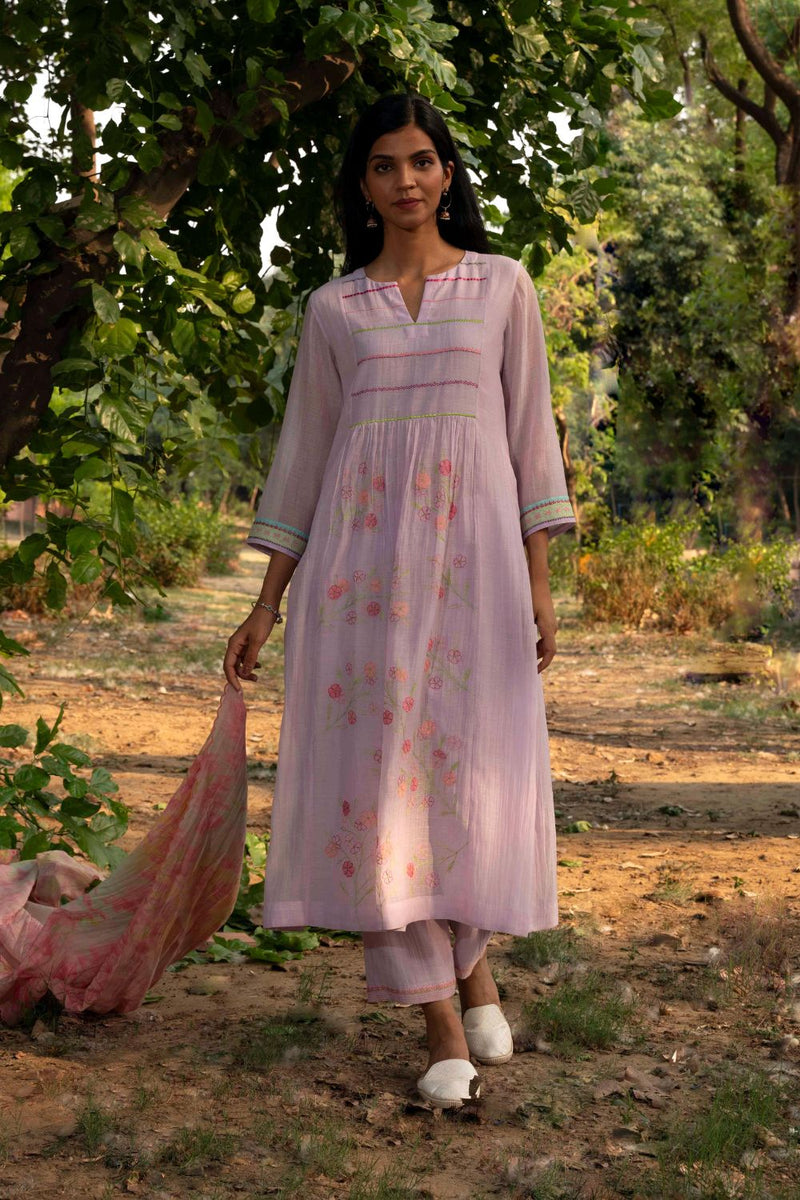 Papiha Kurta Set-lilac silk by Priti Prashant for women Worldwide