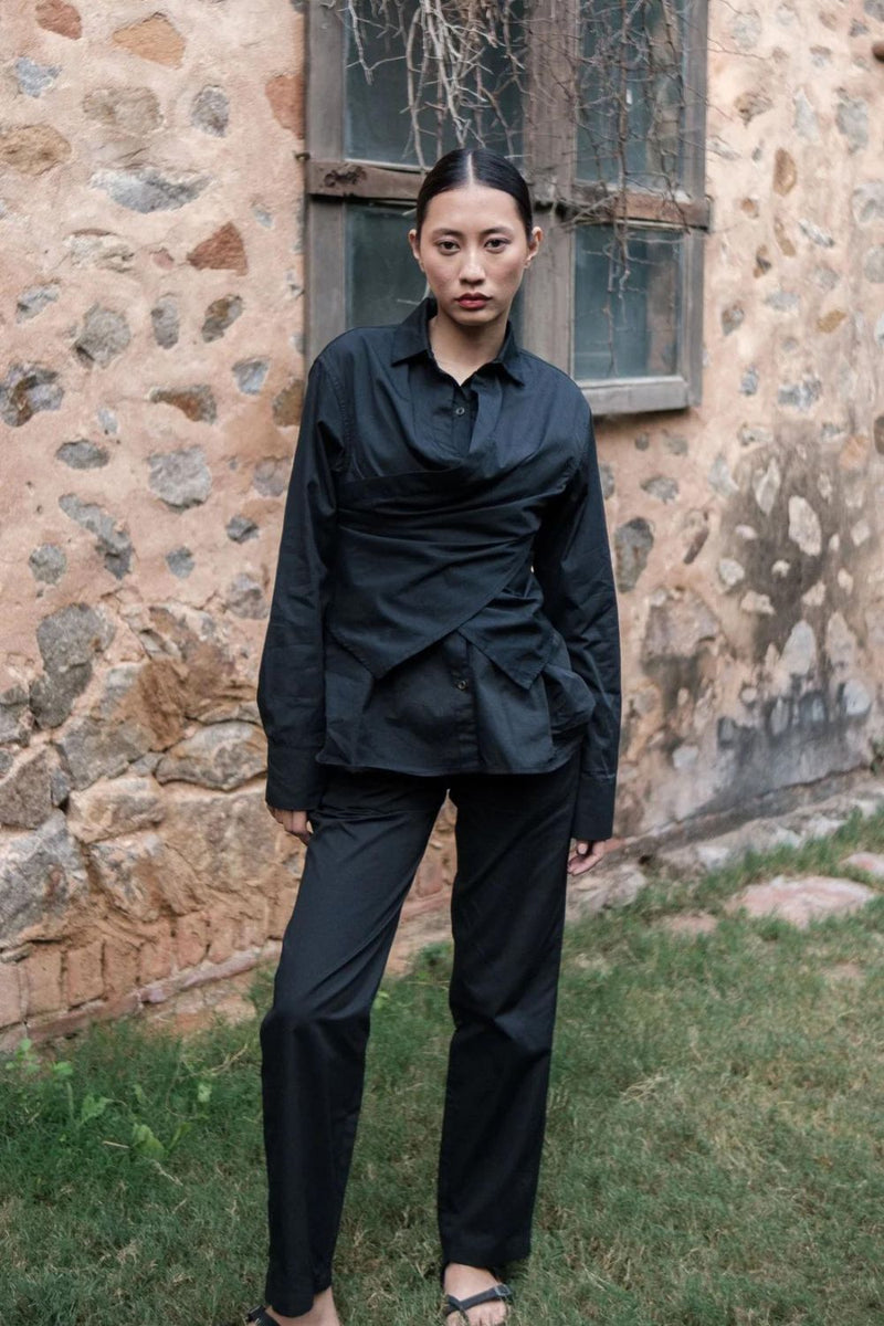 Sandra Straight Pants-Black cotton by The Terra Tribe in black color for women Worldwide