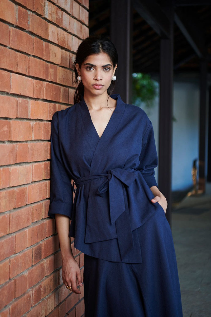 Navy Co-Linen Wrap Jacket linen by Saphed in navy color for women Worldwide