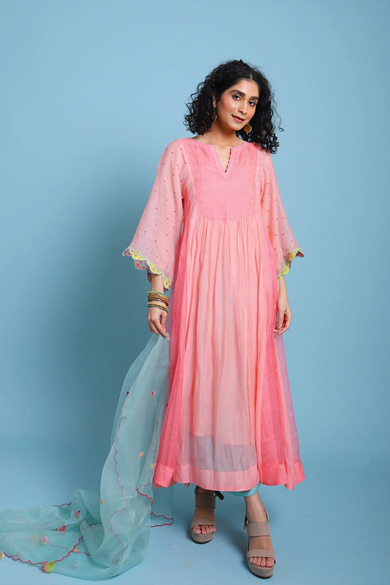 Life in Pink Organza Anarkali chanderi by Rajiramniq in pink color for women Worldwide