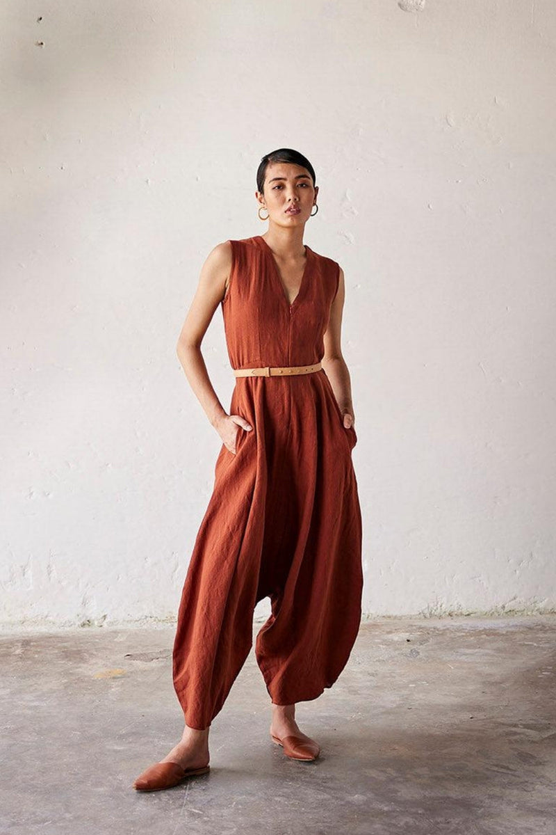 Morning Glory Jumpsuit linen Jumpsuits by Khara Kapas in red for for women Worldwide