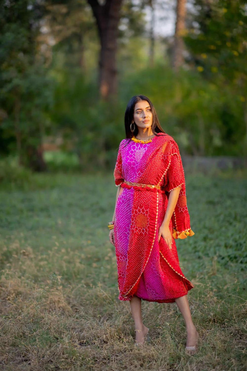 DRAPE DRESS - VALLEY OF FLOWERS-PINK RED SHADED silk by Dyelogue in pink color for women Worldwide