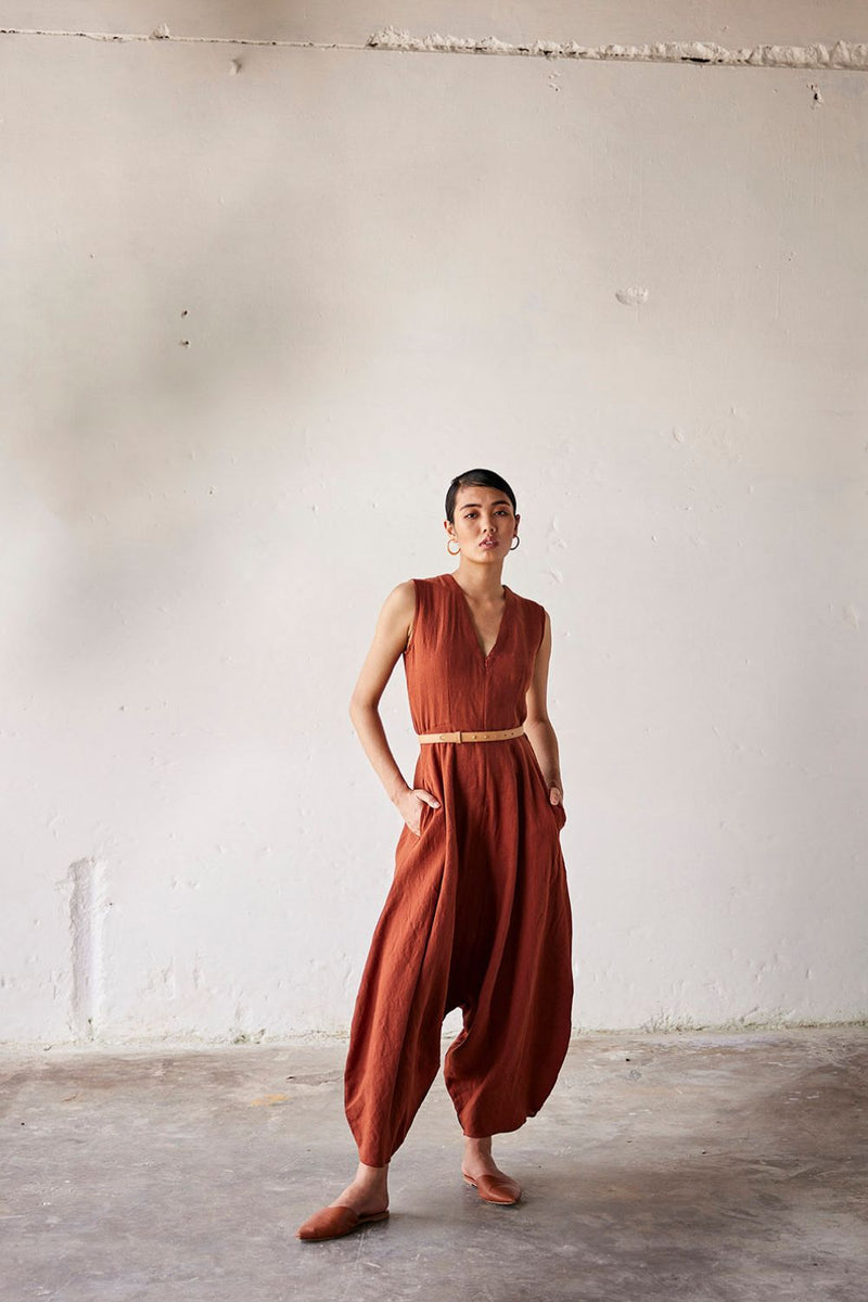 Morning Glory Jumpsuit linen Jumpsuits by Khara Kapas in red for for women  Worldwide